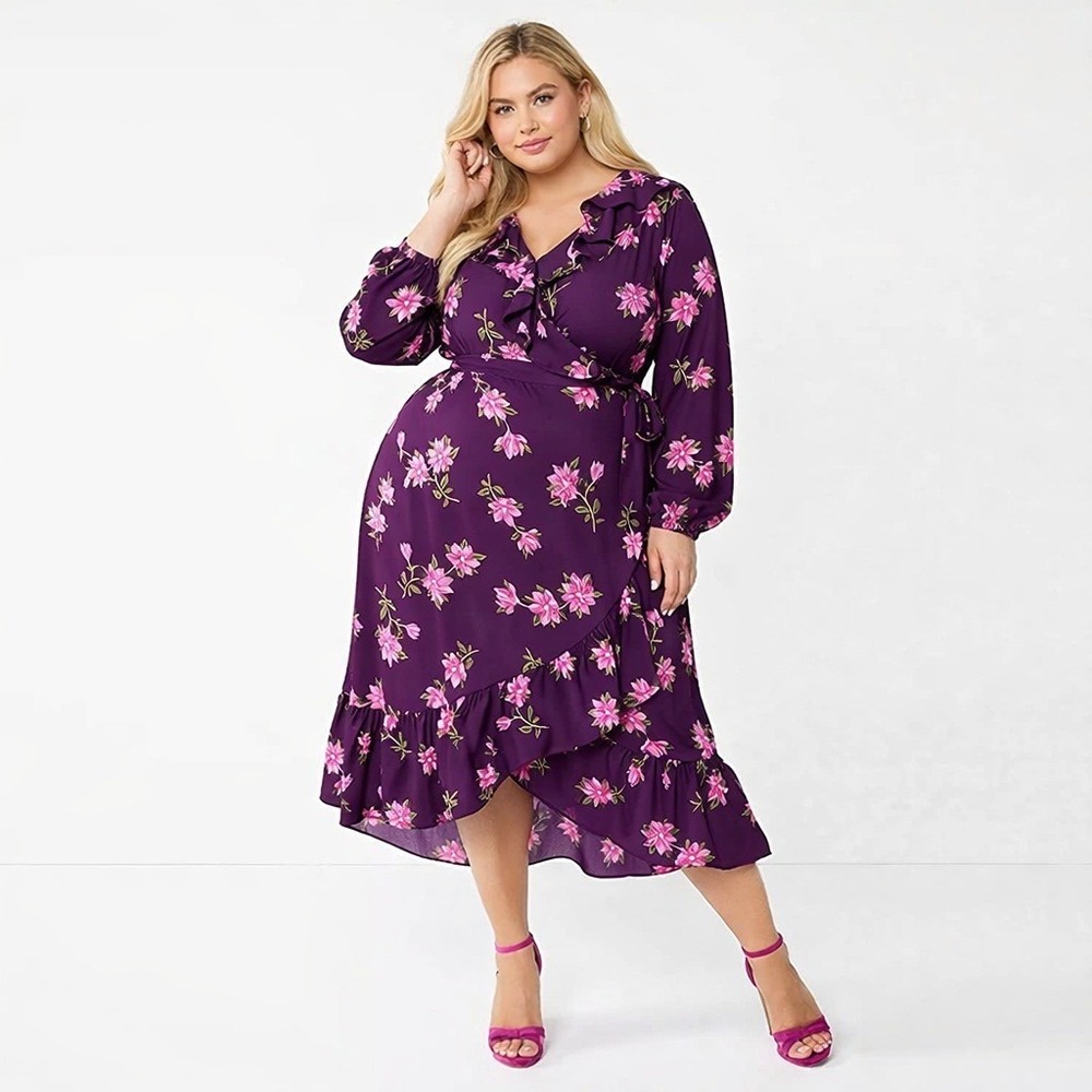 Draper James RSVP Floral Ruffle Midi Wrap Dress 2X Purple Long Sleeve Belted NWT